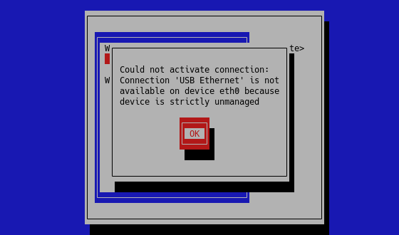 Could not activate connection:
Connection 'USB Ethernet' is not available
 on device eth0 because device is strictly unmanaged